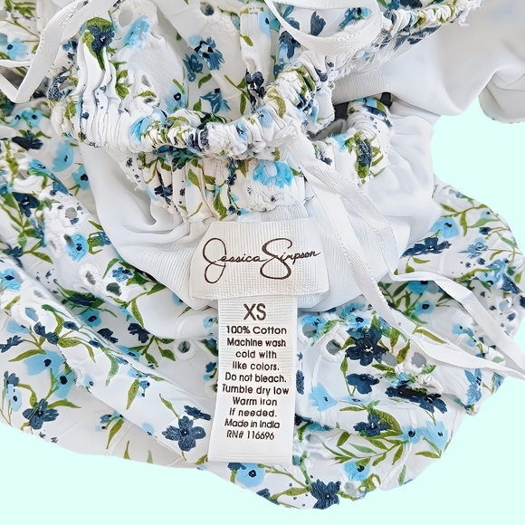 Jessica Simpson White Floral Eyelet Tie-Back Mini Dress XS Puff Sleeves - Picture 7 of 7